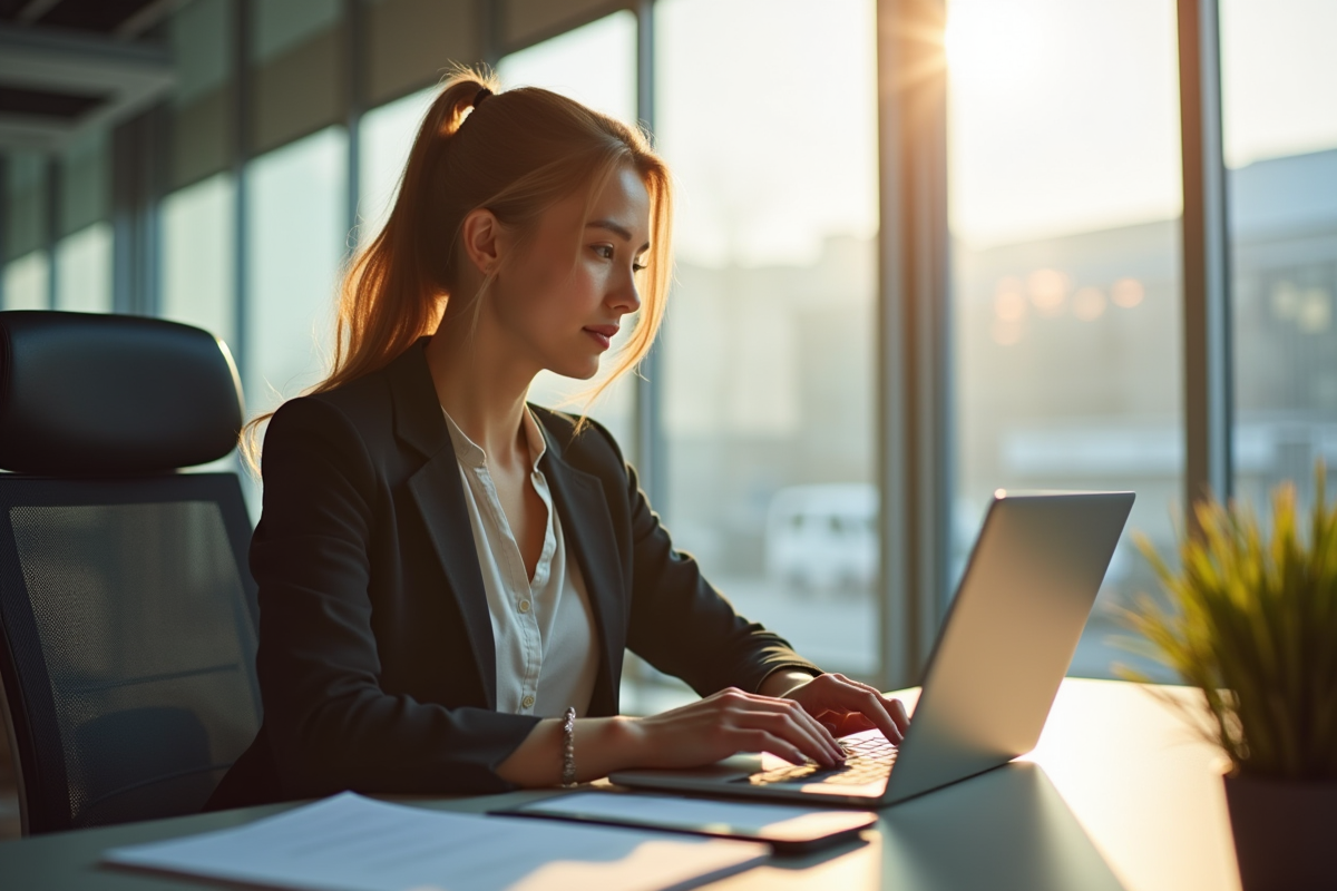 Femme professionnelle travaillant sur son ordinateur au bureau