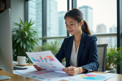 Jeune femme en costume analysant des graphiques marketing