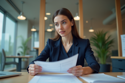 Femme professionnelle en bureau avec documents de paie