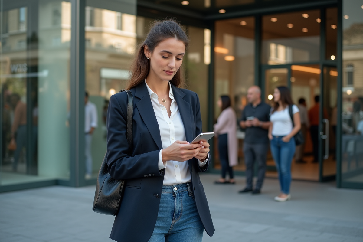 Femme startup regardant son smartphone devant Station F