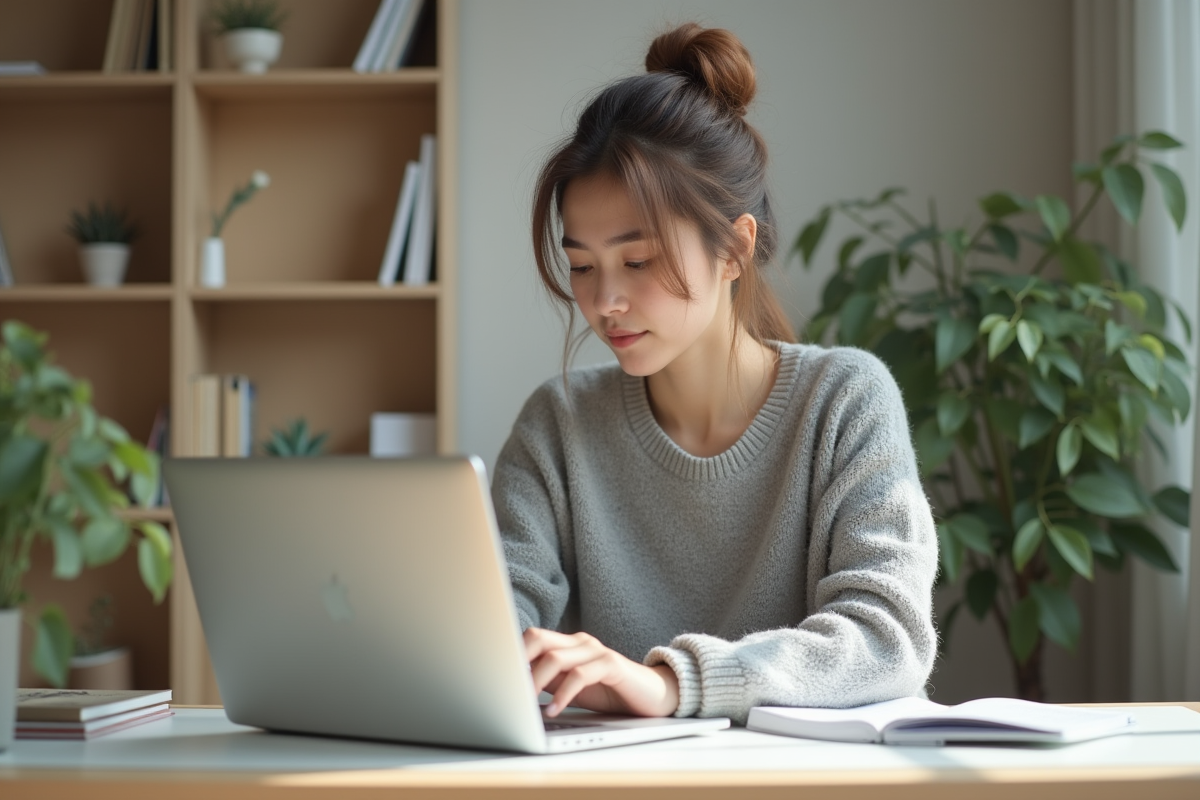 Jeune femme concentrée travaillant dans un bureau à domicile