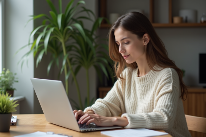 Femme concentrée travaillant sur son ordinateur portable à domicile