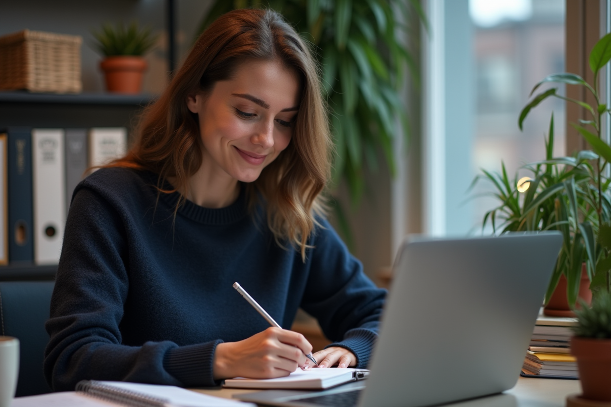 Jeune femme en détente travaillant sur son ordinateur à la maison