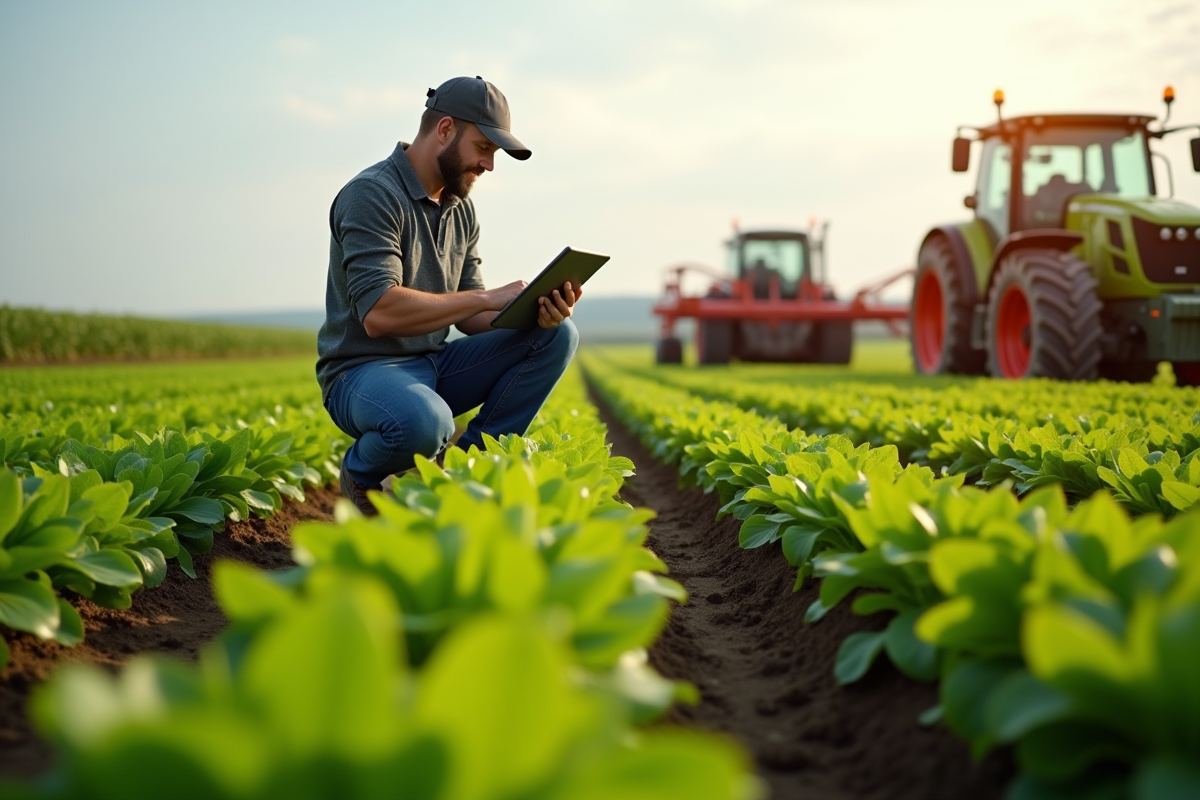Ferme avec cultures et un fermier utilisant une tablette moderne