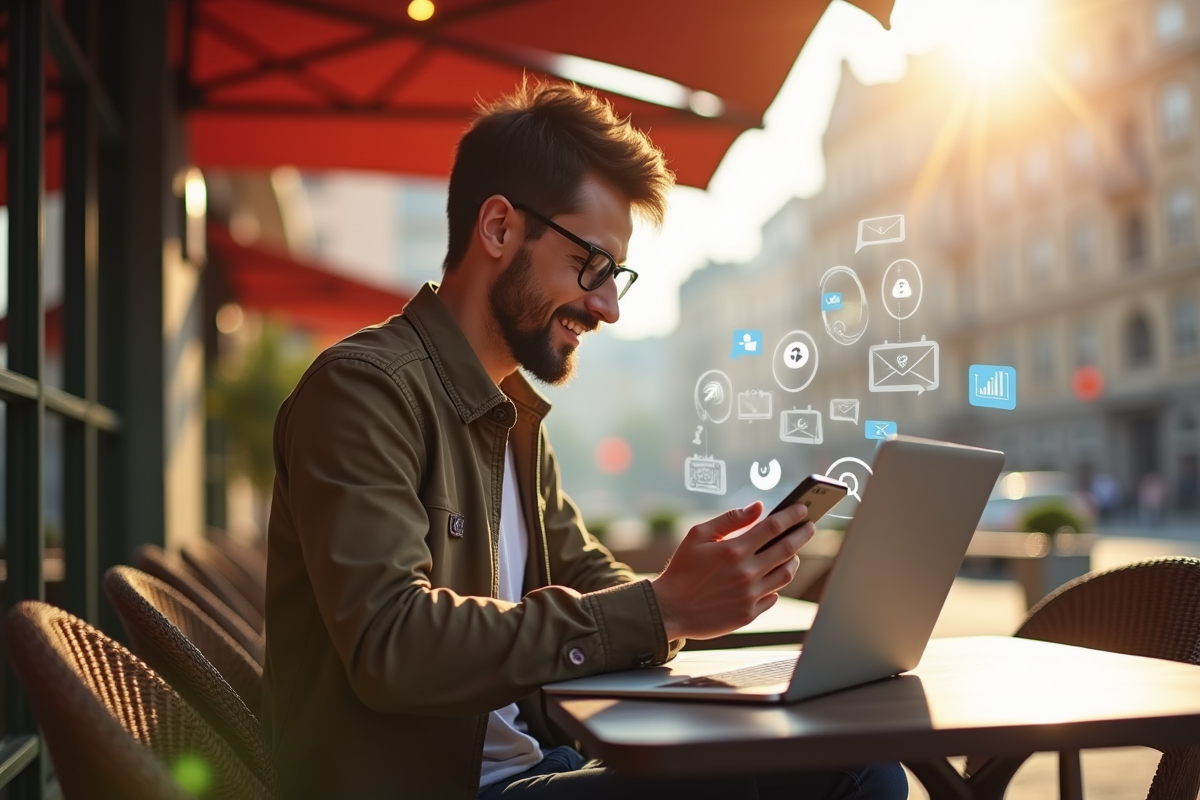 Freelancer au café utilisant smartphone et ordinateur portable