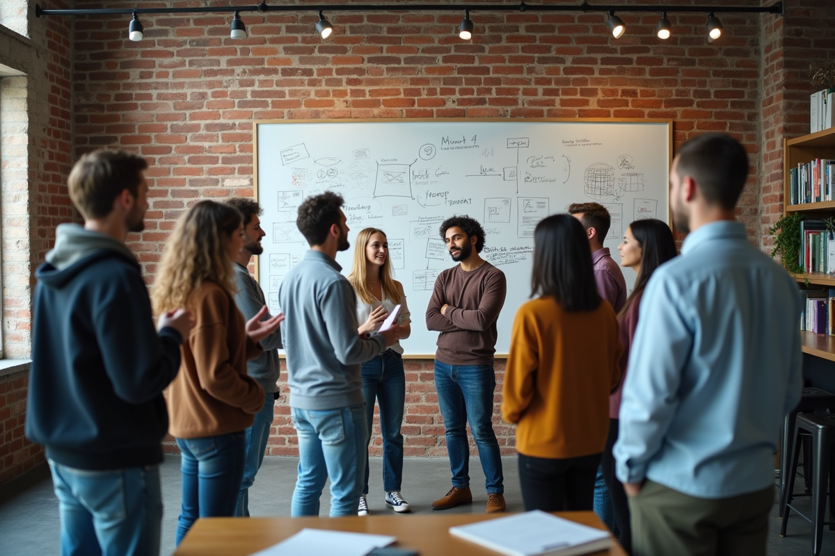 Groupe de jeunes adultes en discussion dans un espace de coworking