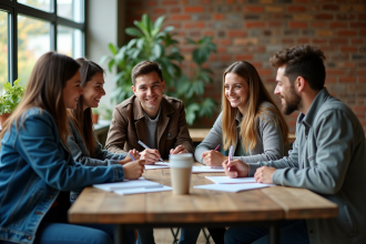 Groupe de jeunes et adultes en discussion conviviale