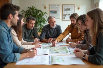 Groupe de personnes discutant autour d'une table dans un centre communautaire