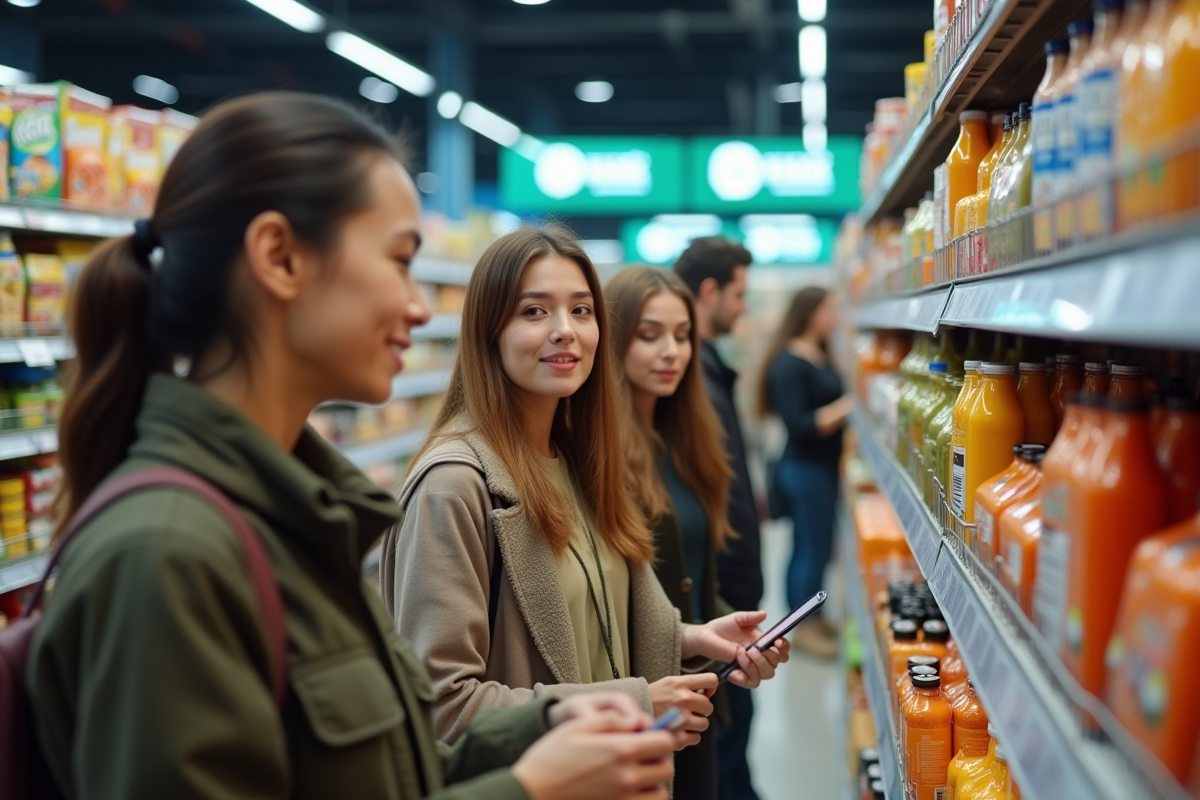 Groupe diversifié de personnes au supermarche optant pour des alternatives locales