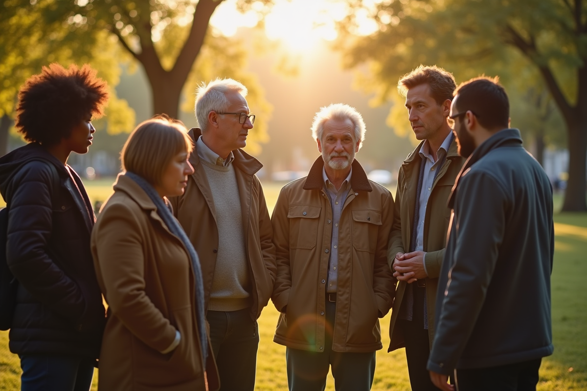 Groupe divers de personnes discutant en parc urbain