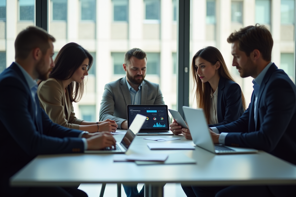Groupe de professionnels discutant de données clients en réunion