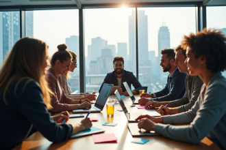 Groupe de jeunes professionnels dans un bureau moderne avec vue sur la ville
