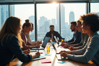 Groupe de jeunes professionnels dans un bureau moderne avec vue sur la ville
