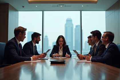 Groupe de professionnels en r&eacute;union dans une salle moderne