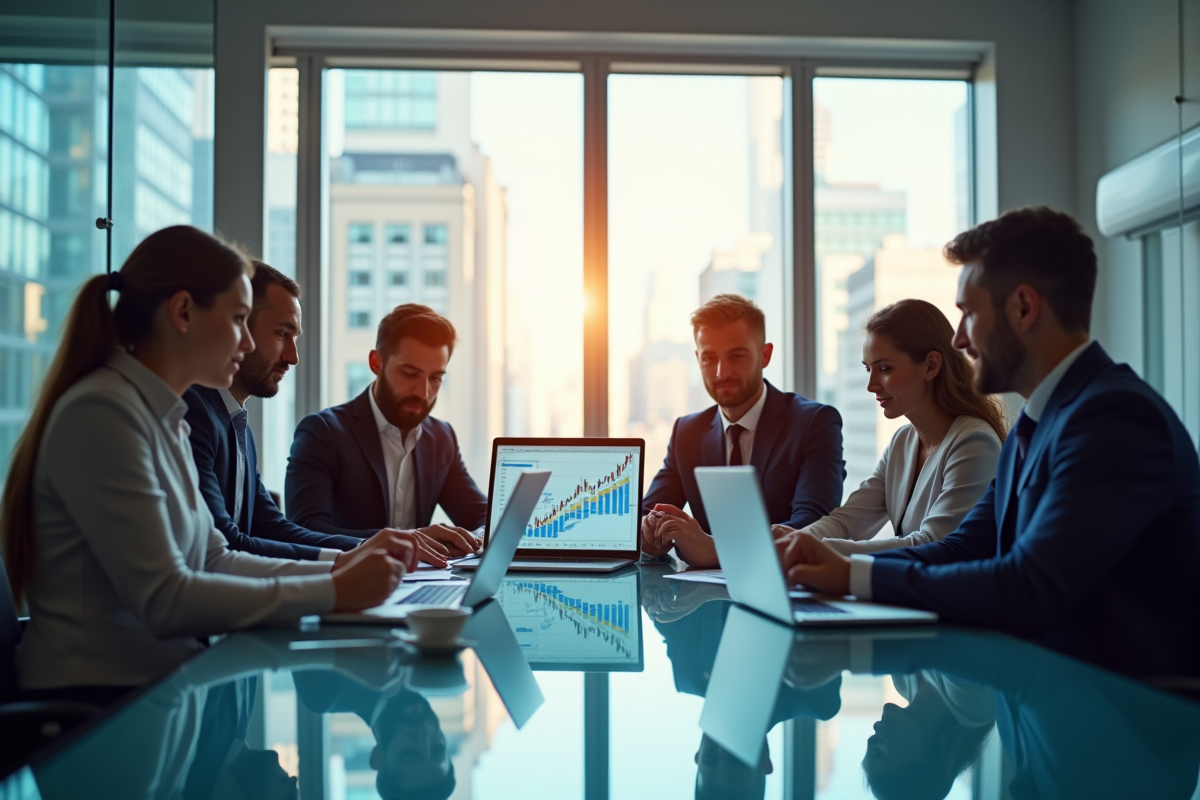 Groupe de professionnels analysant des graphiques financiers