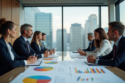 Groupe de professionnels autour d'une table avec graphiques