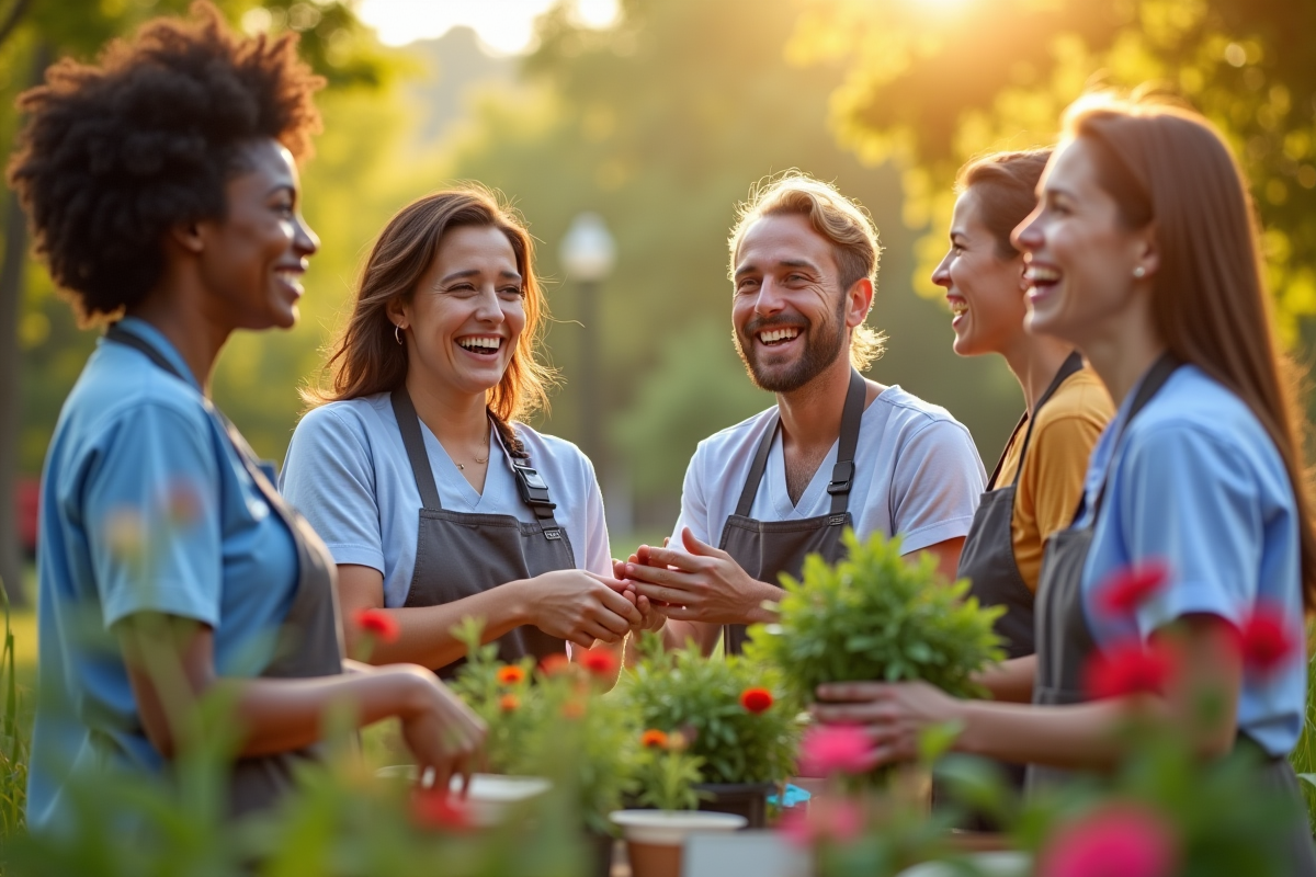 Groupe de professionnels souriants dans un parc en plein air