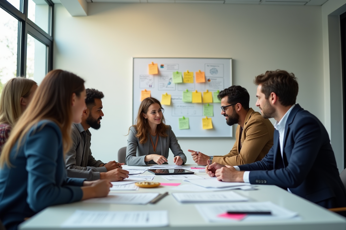 Groupe de professionnels en réunion dans un bureau lumineux