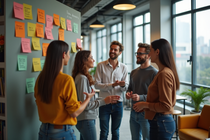 Groupe divers en réunion collaborative dans un espace moderne