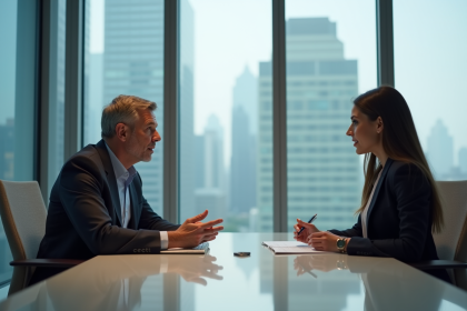 Homme d'affaires en r&eacute;union avec une femme dans un bureau moderne
