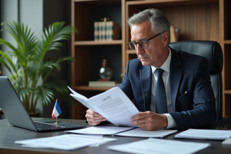 Homme d affaires français en costume examinant un dossier loi C15