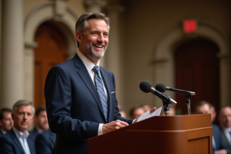 Homme d'âge moyen en costume navy lors d'une conférence