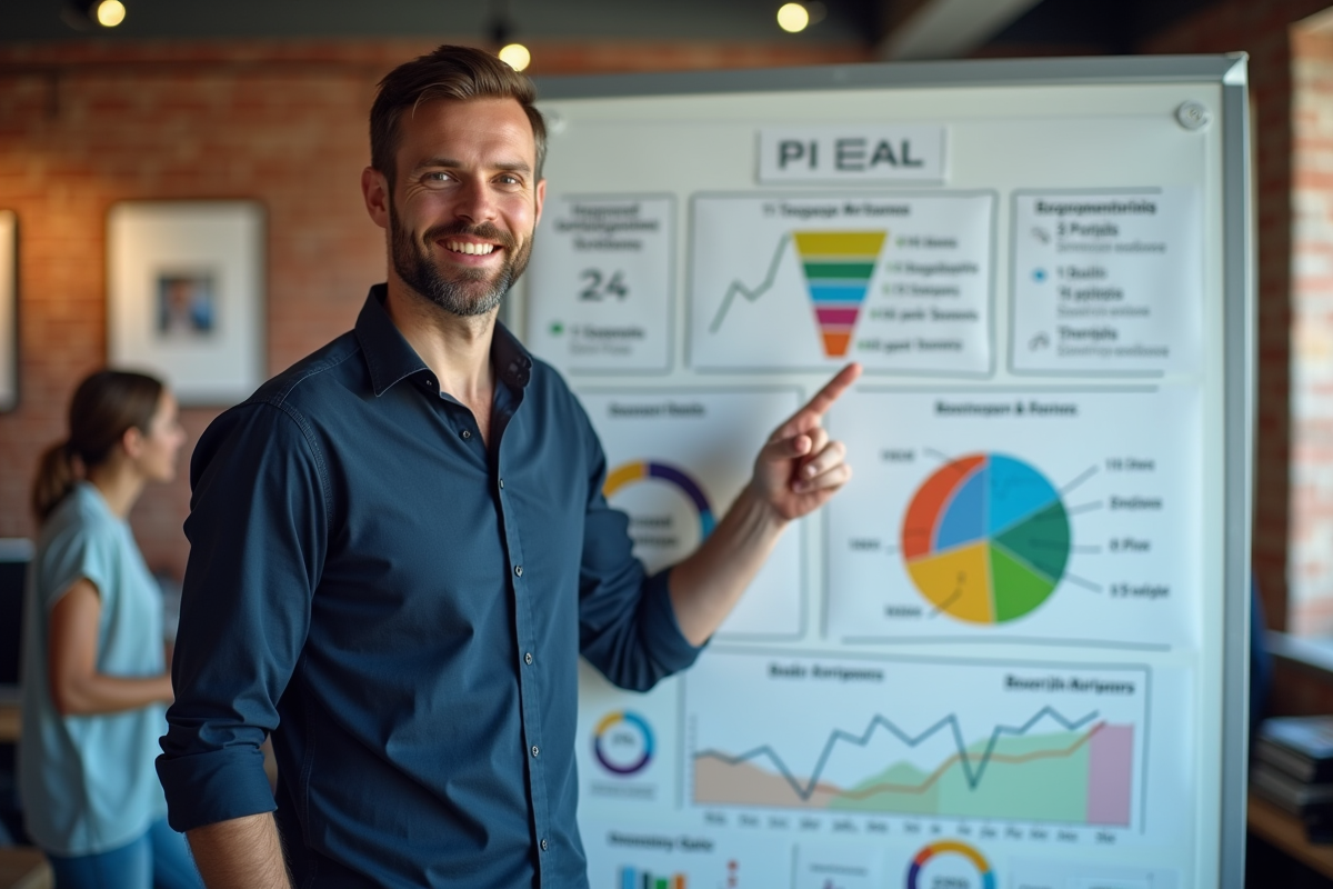 Homme en réunion expliquant des flux sur tableau blanc