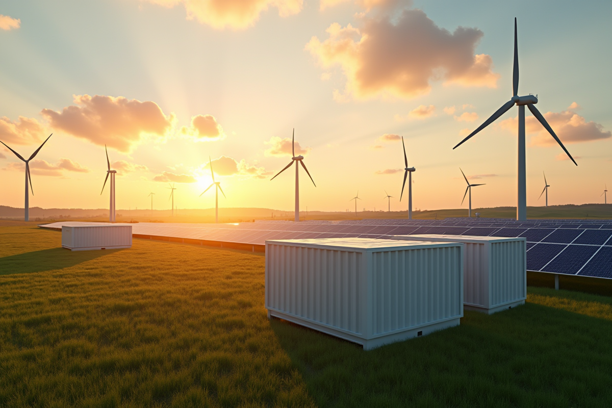 Installation moderne de stockage d énergie renouvelable au coucher du soleil