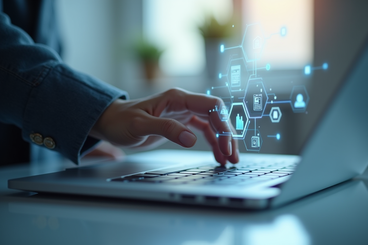 Main manipulant une interface holographique sur un ordinateur
