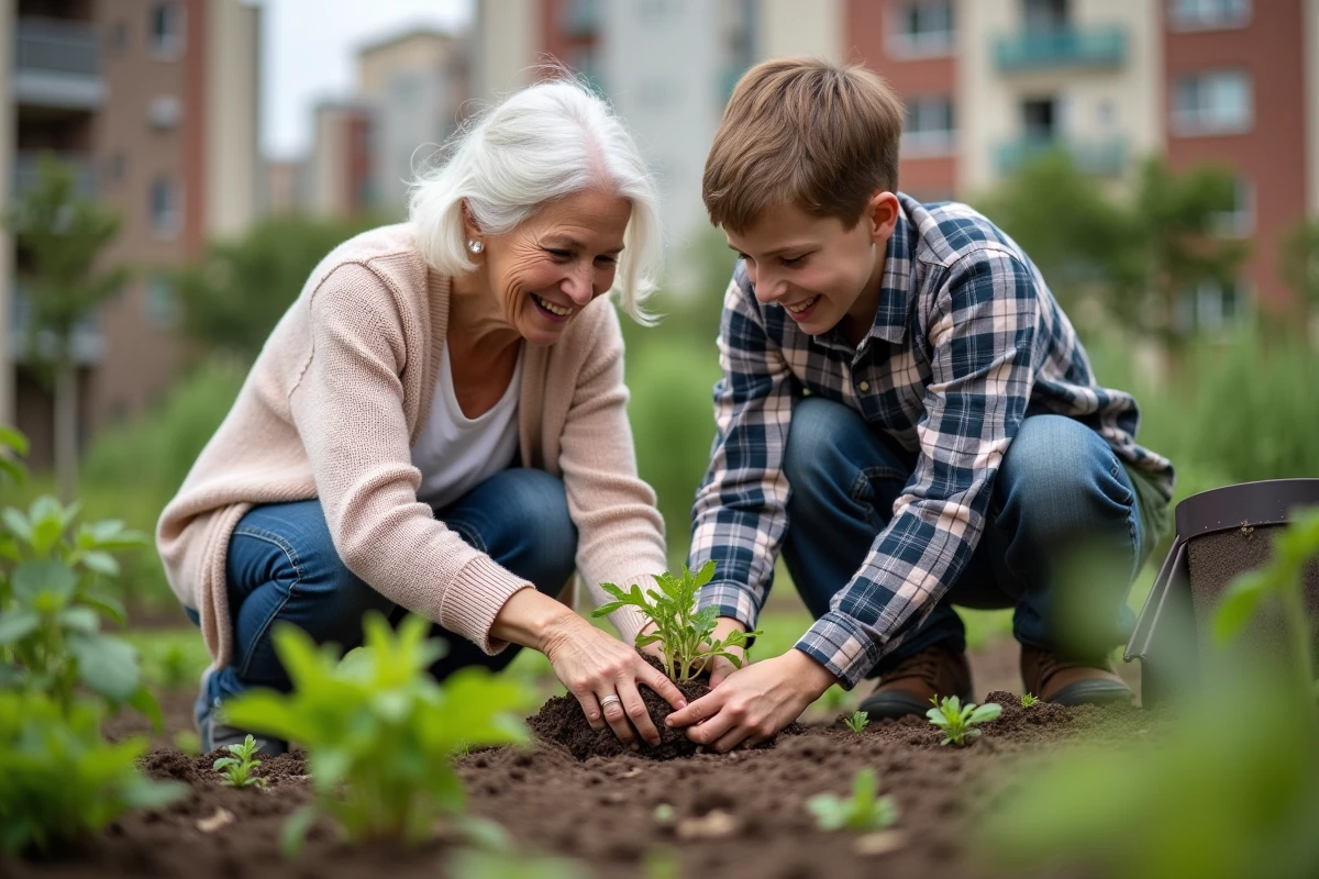 Une femme âgée et un adolescent plantant des semis dans un jardin communautaire