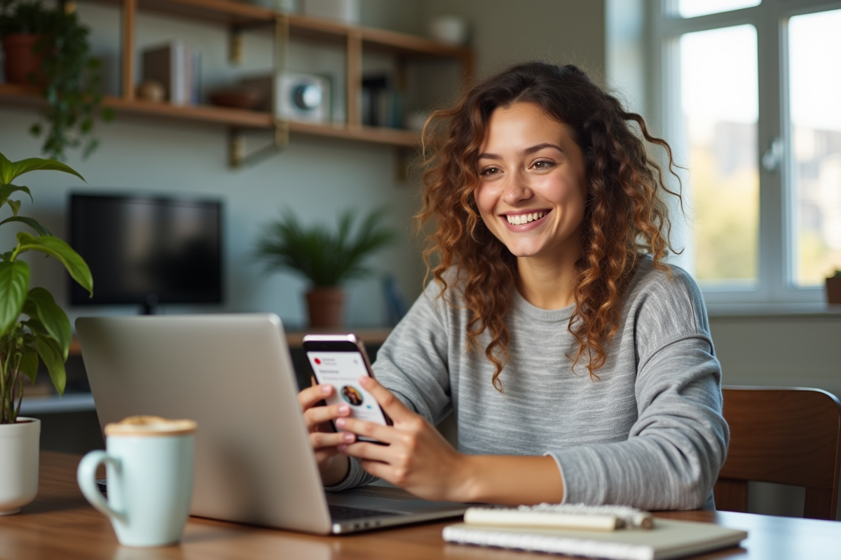 Jeune créateur souriant avec smartphone affichant analytics Instagram