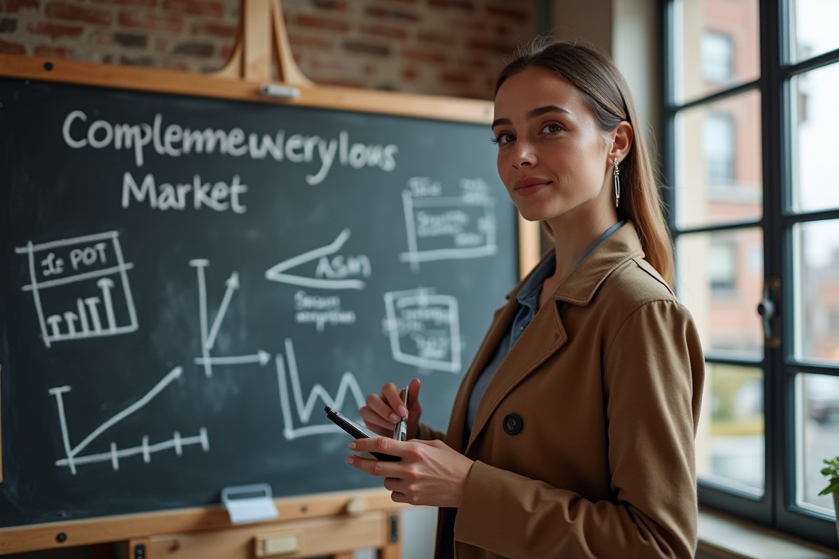 Jeune femme entrepreneure devant un tableau de marché