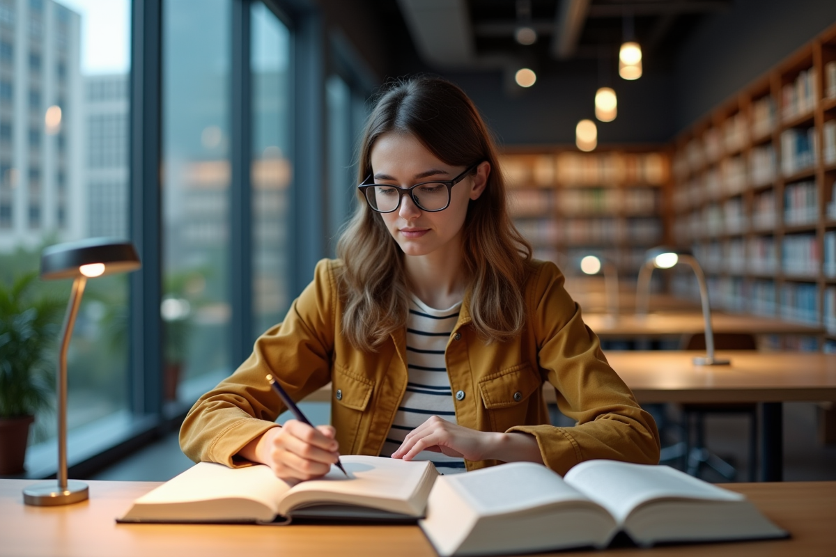 Jeune étudiante en droit à la bibliothèque universitaire