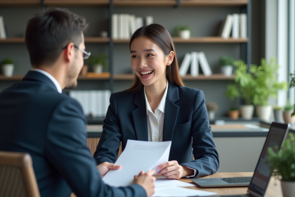 Jeune femme en costume expliquant un document à un client