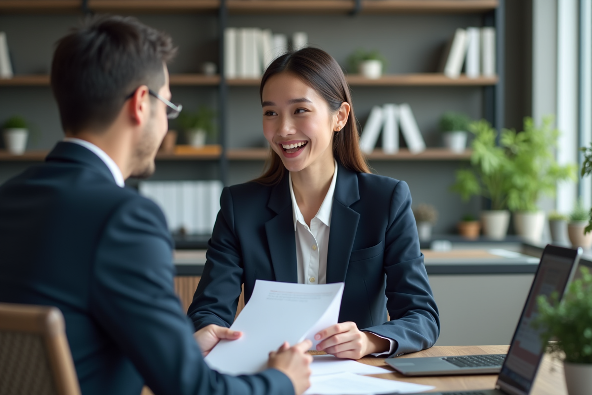 Jeune femme en costume expliquant un document à un client
