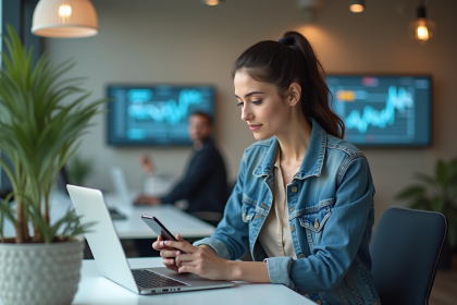 Jeune femme au bureau utilisant un ordinateur portable et smartphone
