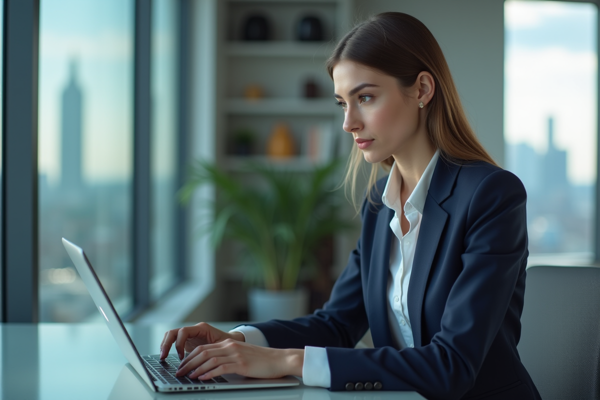 Jeune femme professionnelle en costume bleu au bureau