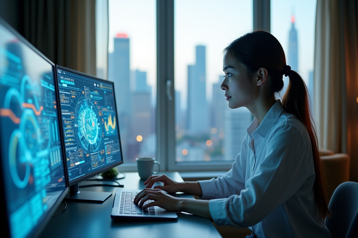 Jeune femme travaillant à distance avec interface holographique