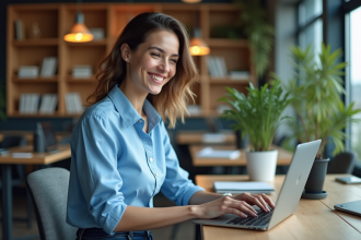 Jeune femme souriante travaillant sur son ordinateur dans un espace coworking