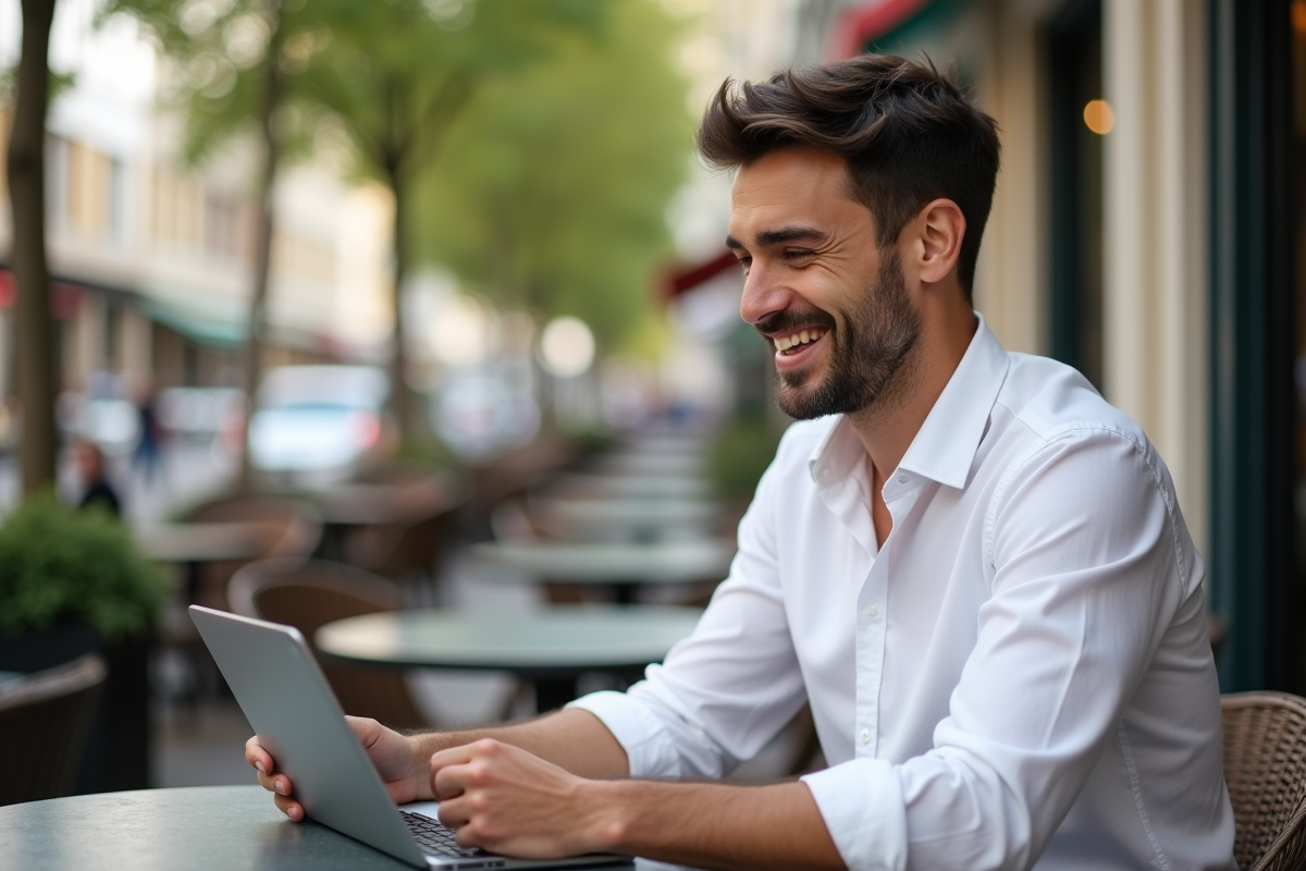 Homme en visioconference dans un café en plein air