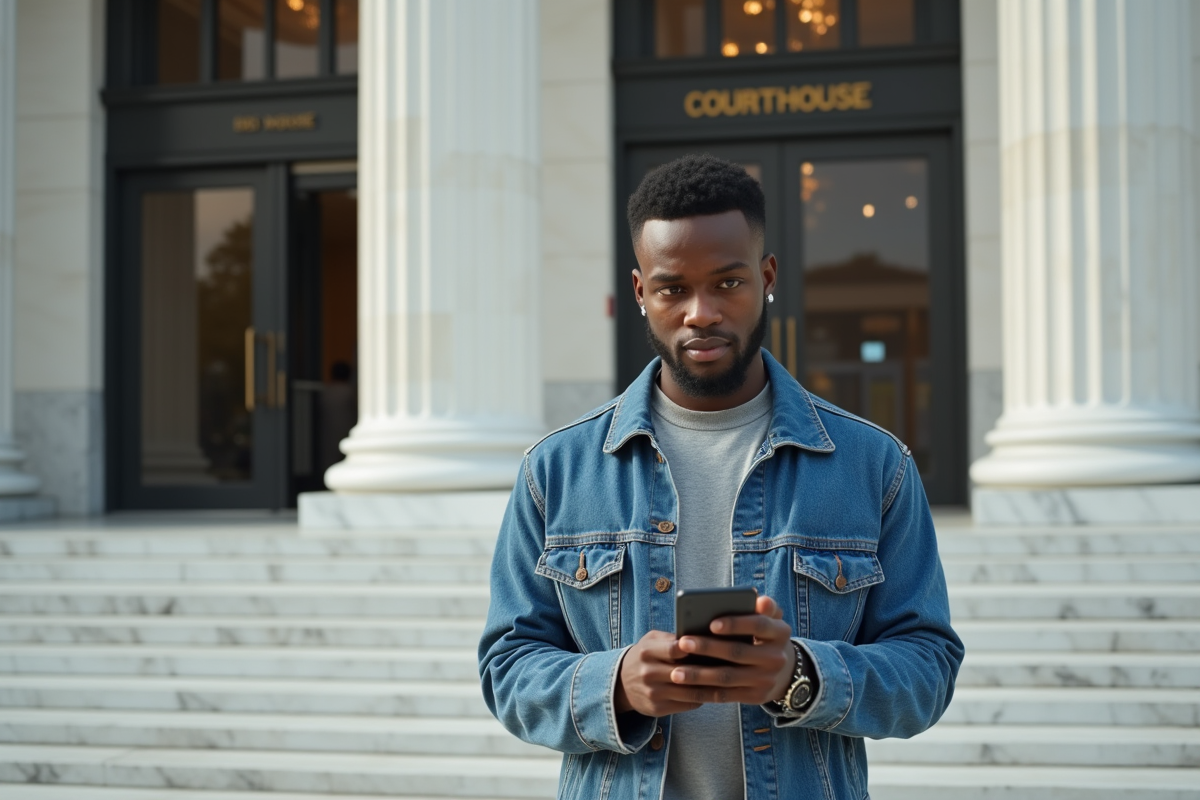 Jeune homme devant un tribunal moderne