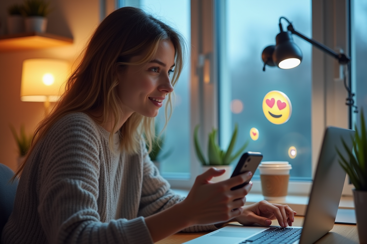Jeune influenceuse en livestream dans un bureau moderne lumineux