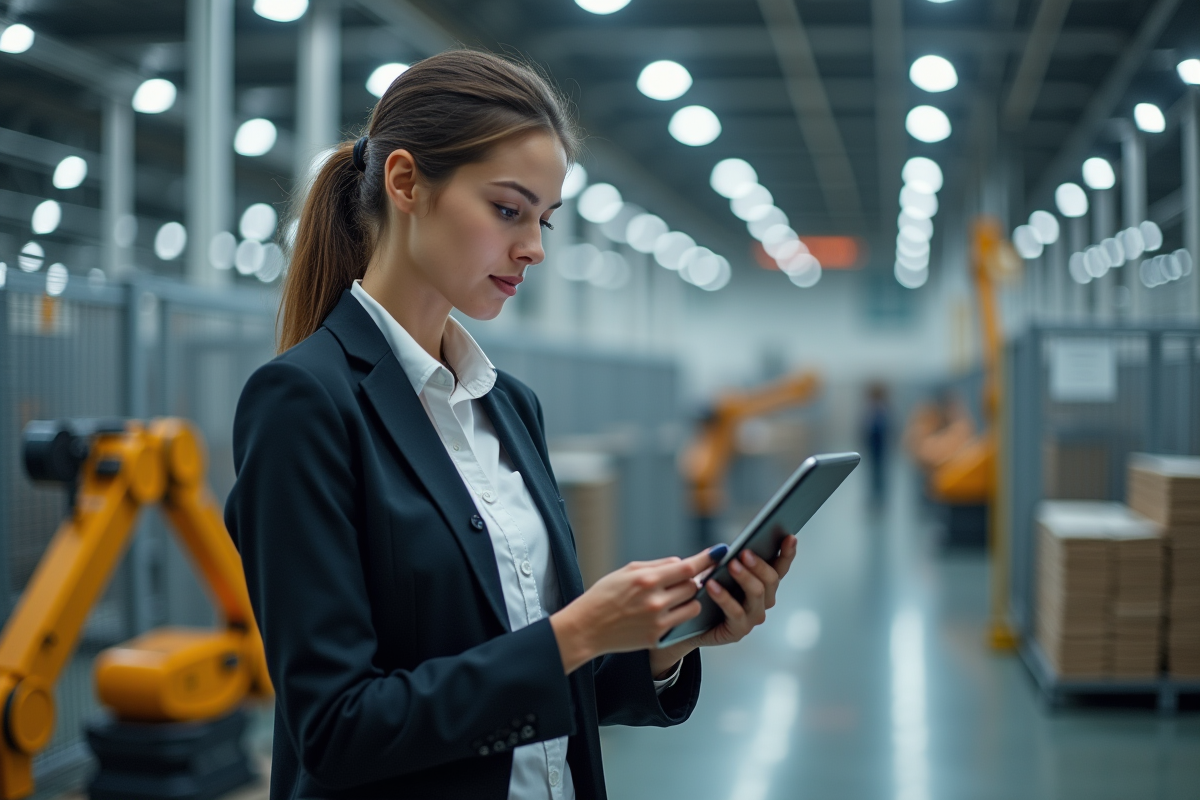 Jeune ingénieure analysant des données dans une usine hightech