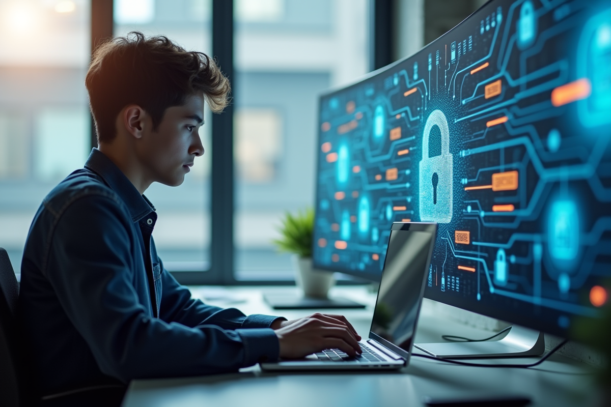 Jeune professionnel étudiant la cybersécurité au bureau