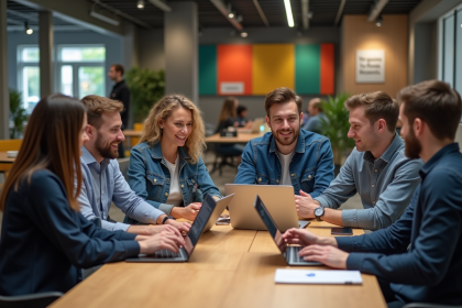Groupe de jeunes entrepreneurs discutant à Station F