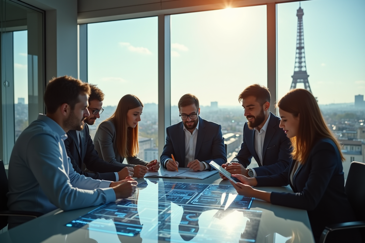 Groupe de jeunes professionnels à Paris avec tableaux numériques