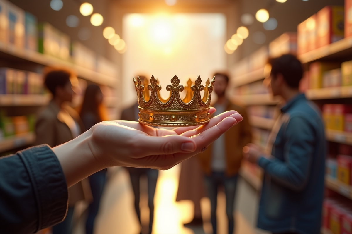 main tenant une couronne d or devant des clients dans un magasin