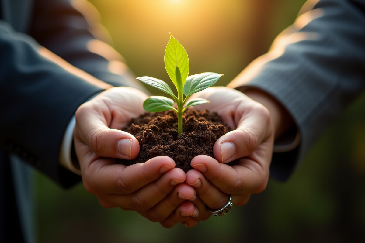 Mains tenant un jeune arbre symbole de croissance durable