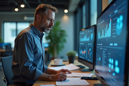 Manager d'affaires analysant un tableau digital dans un bureau moderne