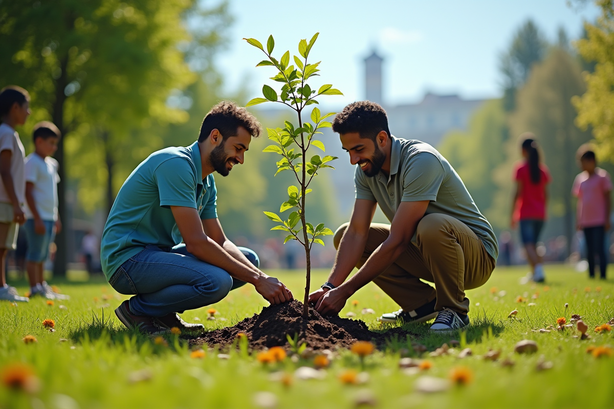 Deux leaders plantant un arbre dans un parc avec des spectateurs